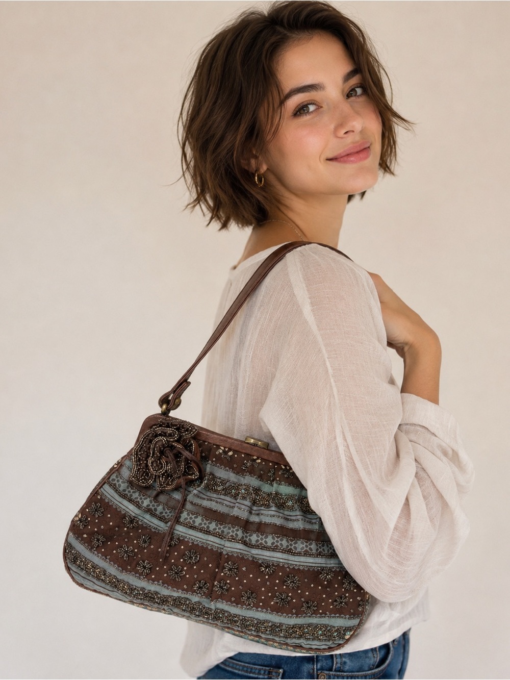 Isabella Fiore Brown Floral Beaded Shoulder Bag with Blue Accents